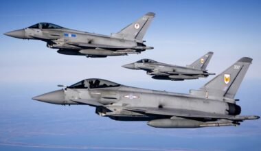 Eurofighter jet fighters from the United Kingdom fly over the North Sea