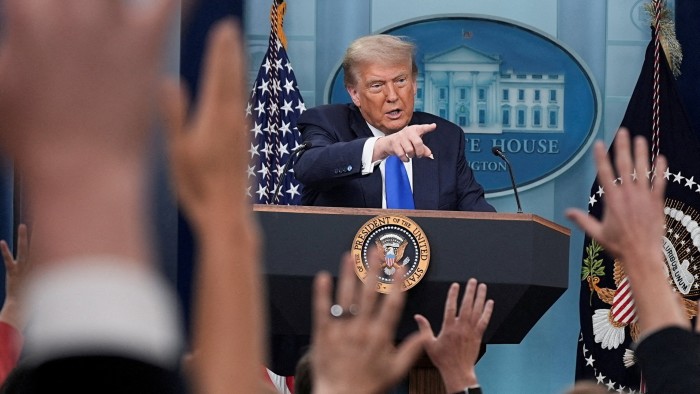 Donald Trump talks to media last month