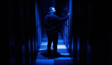 A visitor observes a computer bay at the PA10 data center, operated by Equinix in Paris