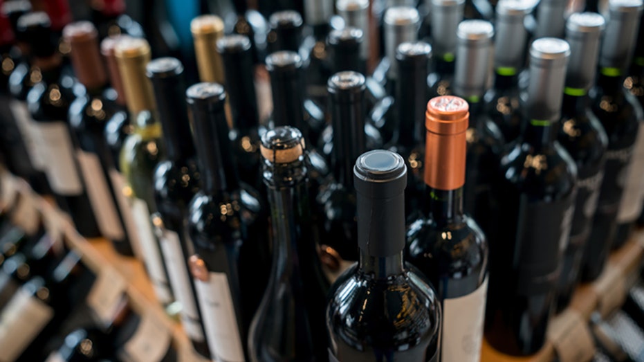 Close up of different wine bottles at a wine store