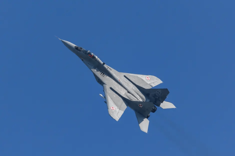 Polish MiG-29 fighter jet in flight.