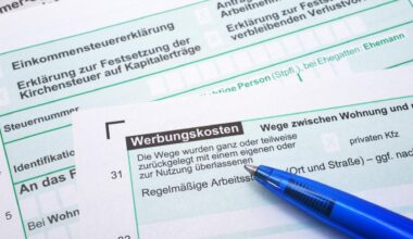 Auf dem Bogen für eine Steuerklärung liegt ein blauer Kugelschreiber.