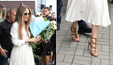 Jennifer Lopez wears Tom Ford Paradis suede sandals while out in Warsaw, Poland on Friday.