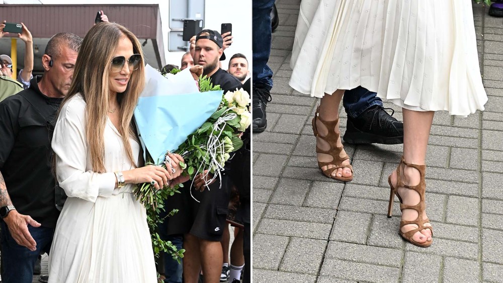 Jennifer Lopez wears Tom Ford Paradis suede sandals while out in Warsaw, Poland on Friday.