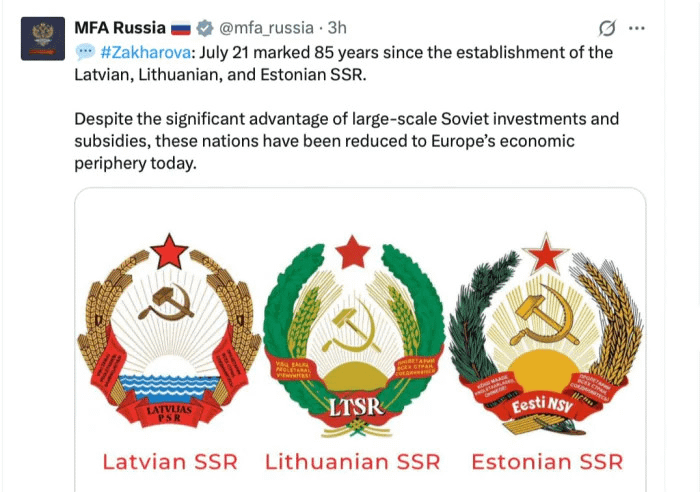The Russian Foreign Ministry commemorates the USSR’s grip on the Baltics — calling Latvia, Lithuania, and Estonia “backwaters.” Yet today, it's Russia that's cut off from the West, locked in war, and sliding into decline while the Baltics thrive in NATO and the EU.