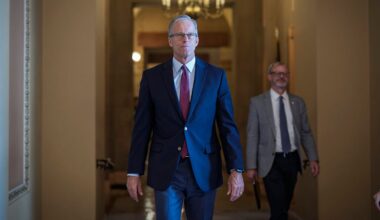 Senate Majority Leader John Thune, R-S.D., walks to the chamber as Senate Republicans work to pass President Donald Trump's big bill of tax breaks, spending cuts by his July Fourth deadline, at the Capitol in Washington, Sunday, June 29, 2025. (AP Photo/J. Scott Applewhite, file)