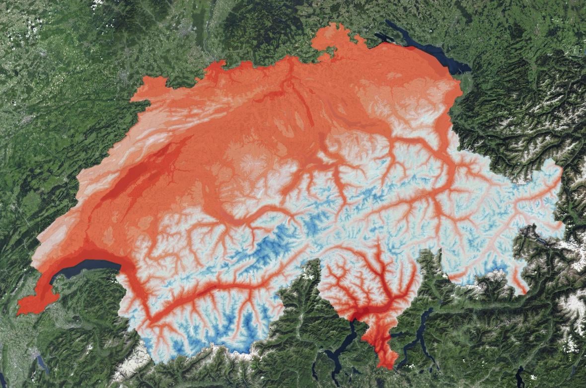 Switzerland's temperature map looks insane. Air temperature July 1981-2010