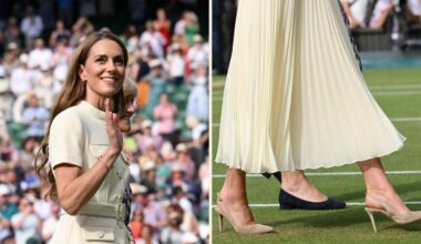 Kate Middleton wearing Gianvito Rossi RIbbon Sling 85 Pumps in Nude Suede at Wimbledon on Saturday.