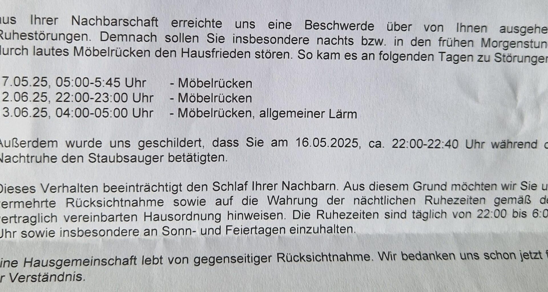Neighbours complain about noise