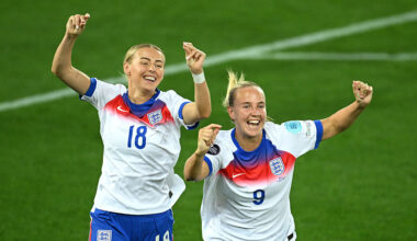 Chloe Kelly and Beth Mead celebrate a goal against Wales