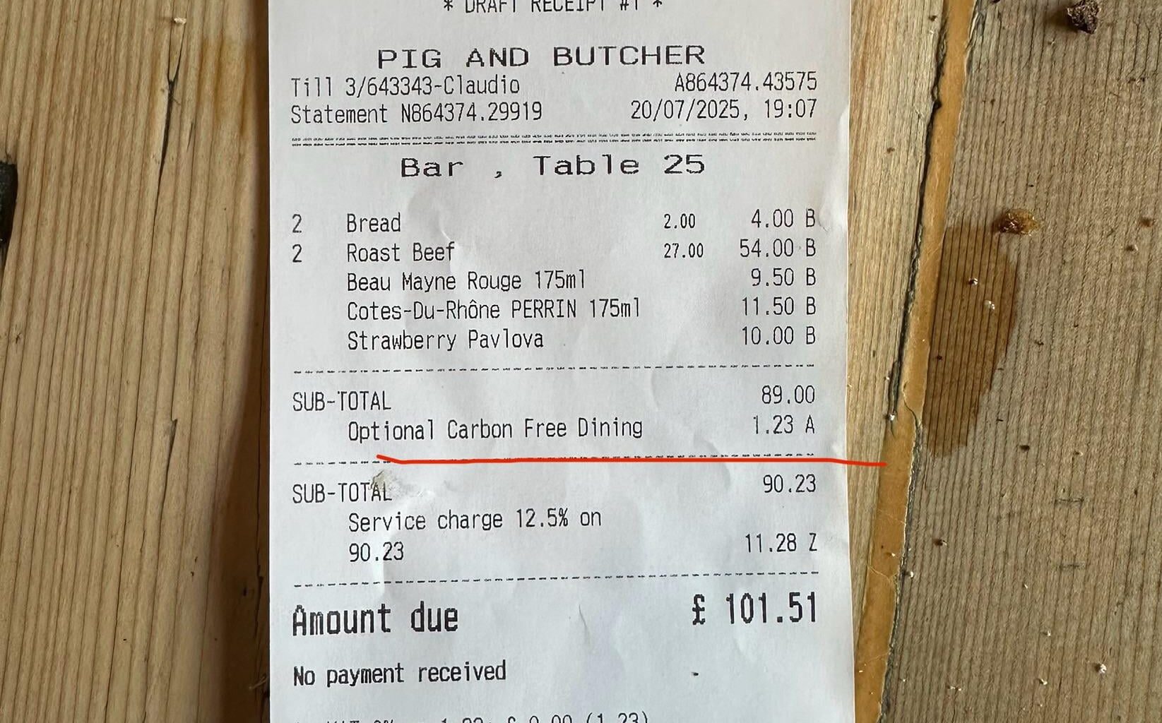 So we now have carbon free dining fees