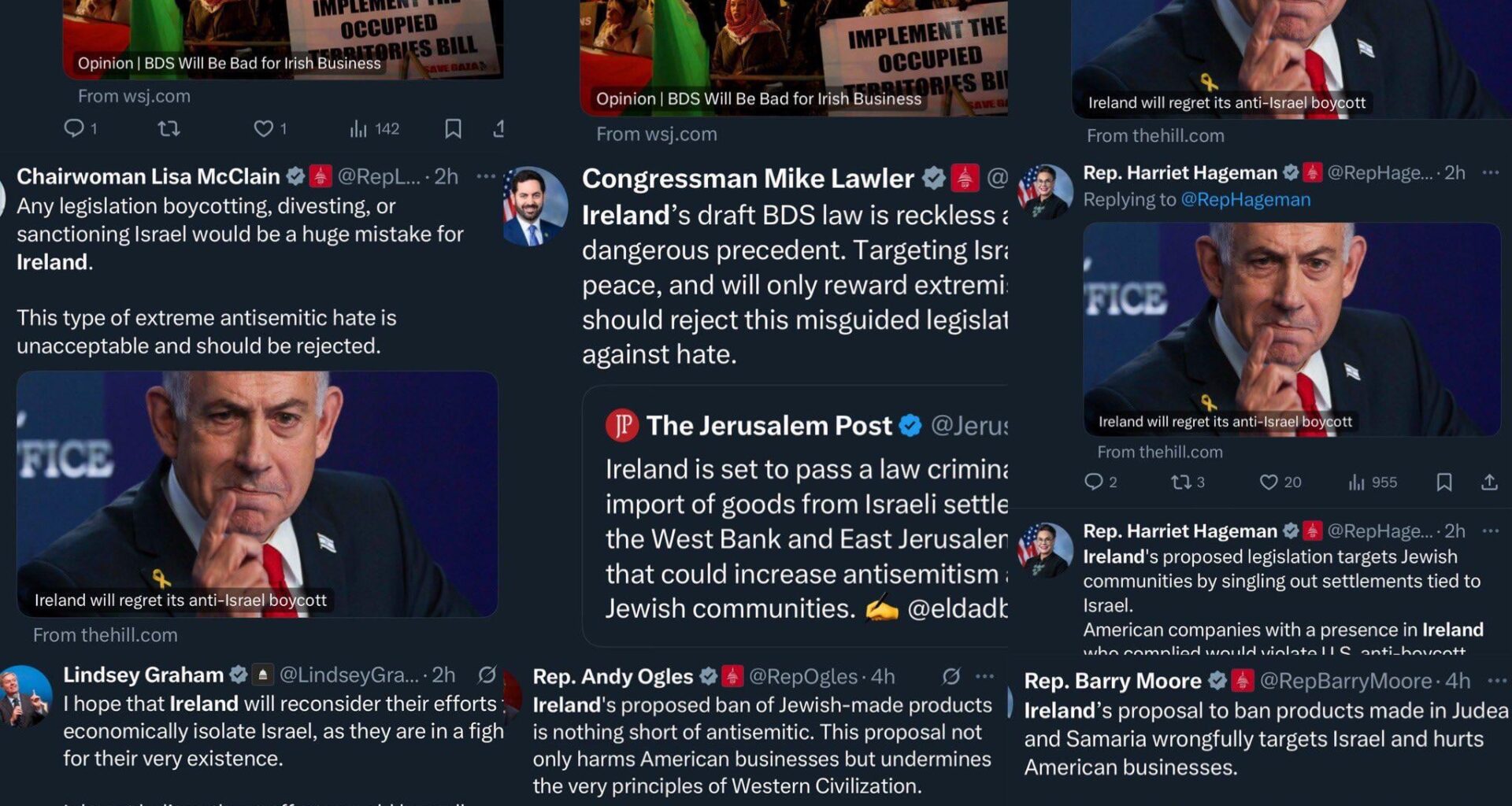 AIPAC zombies in Congress tweet in unison condemning Ireland for proposed law banning trade with companies operating in illegal Israeli settlements in the illegally-occupied Palestinian territories.