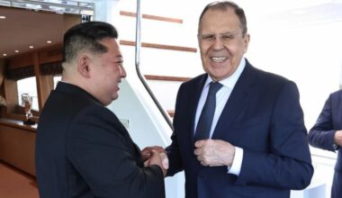 In this photo released by Russian Foreign Ministry Press Service, Russian Foreign Minister Sergey Lavrov, right, and North Korea’s leader Kim Jong Un shake hands during their meeting in Wonsan, North Korea. (AP Photo)