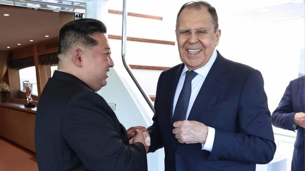 In this photo released by Russian Foreign Ministry Press Service, Russian Foreign Minister Sergey Lavrov, right, and North Korea’s leader Kim Jong Un shake hands during their meeting in Wonsan, North Korea. (AP Photo)