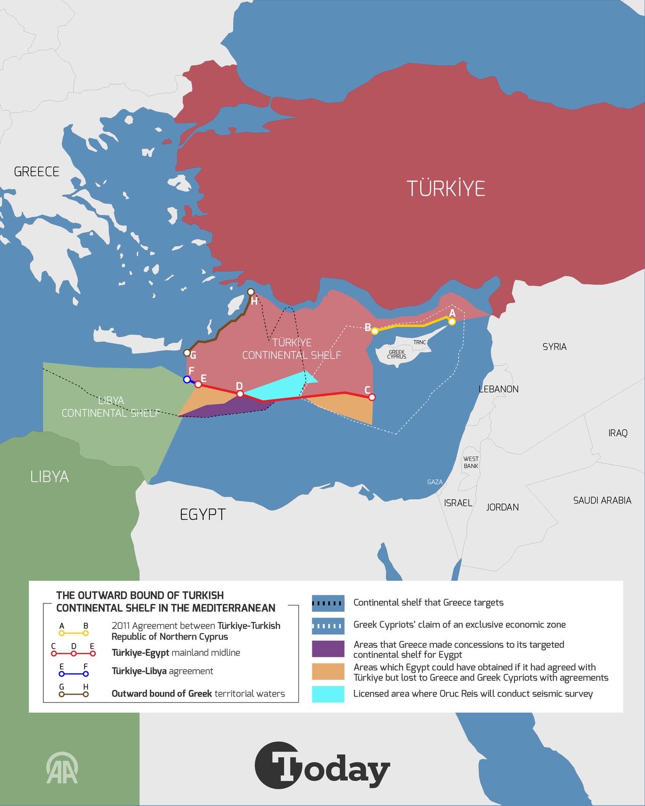 Infographic of outward bound of Turkish continental shelf in the Mediterranean. (Türliye Today)