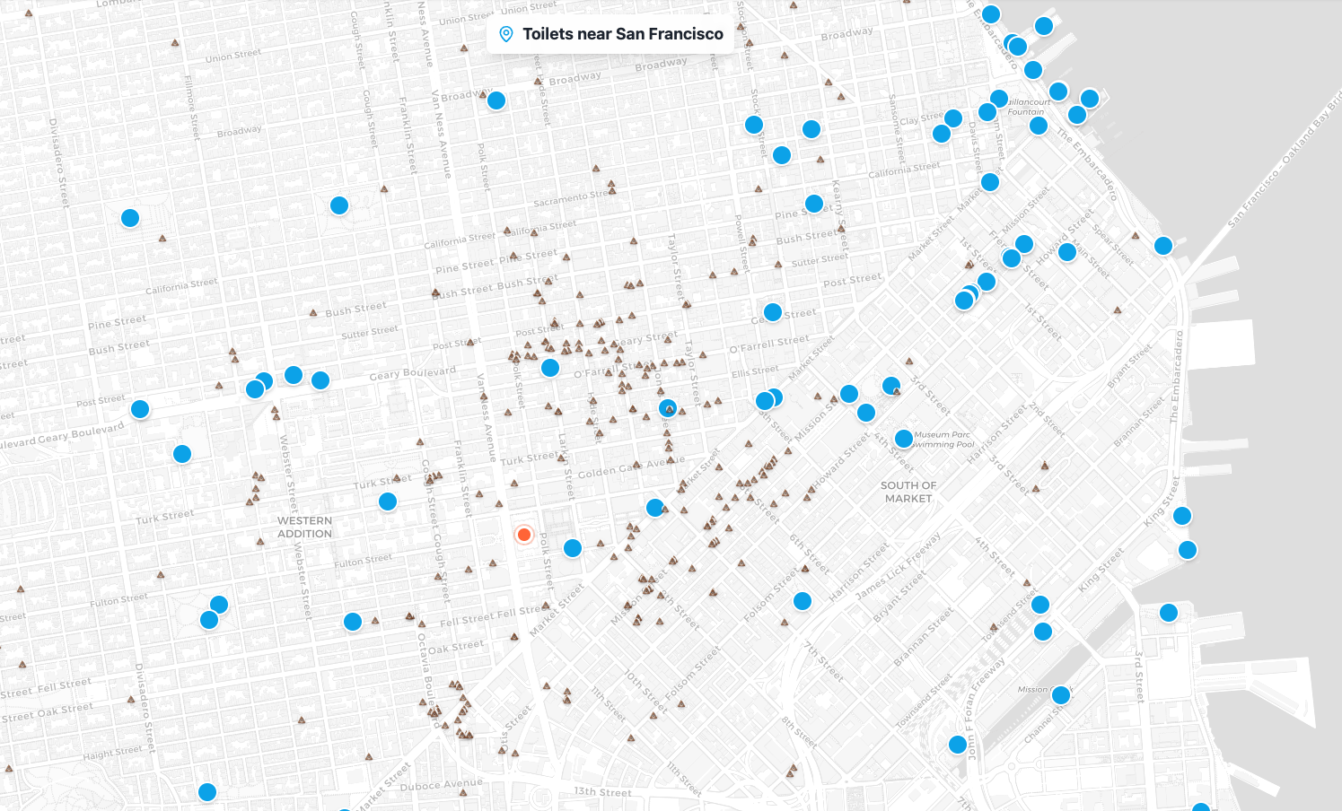 [OC] Map of SF public toilets vs reported human shits