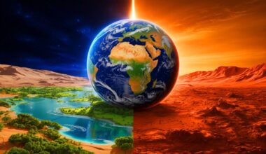 Illustration of the theoretical comparison between Earth's habitability and Mars' colonization prospects, generated by artificial intelligence.