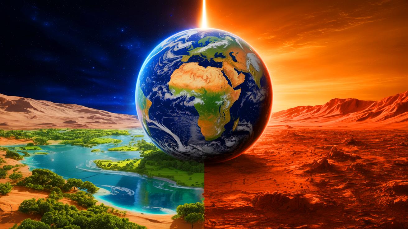 Illustration of the theoretical comparison between Earth's habitability and Mars' colonization prospects, generated by artificial intelligence.