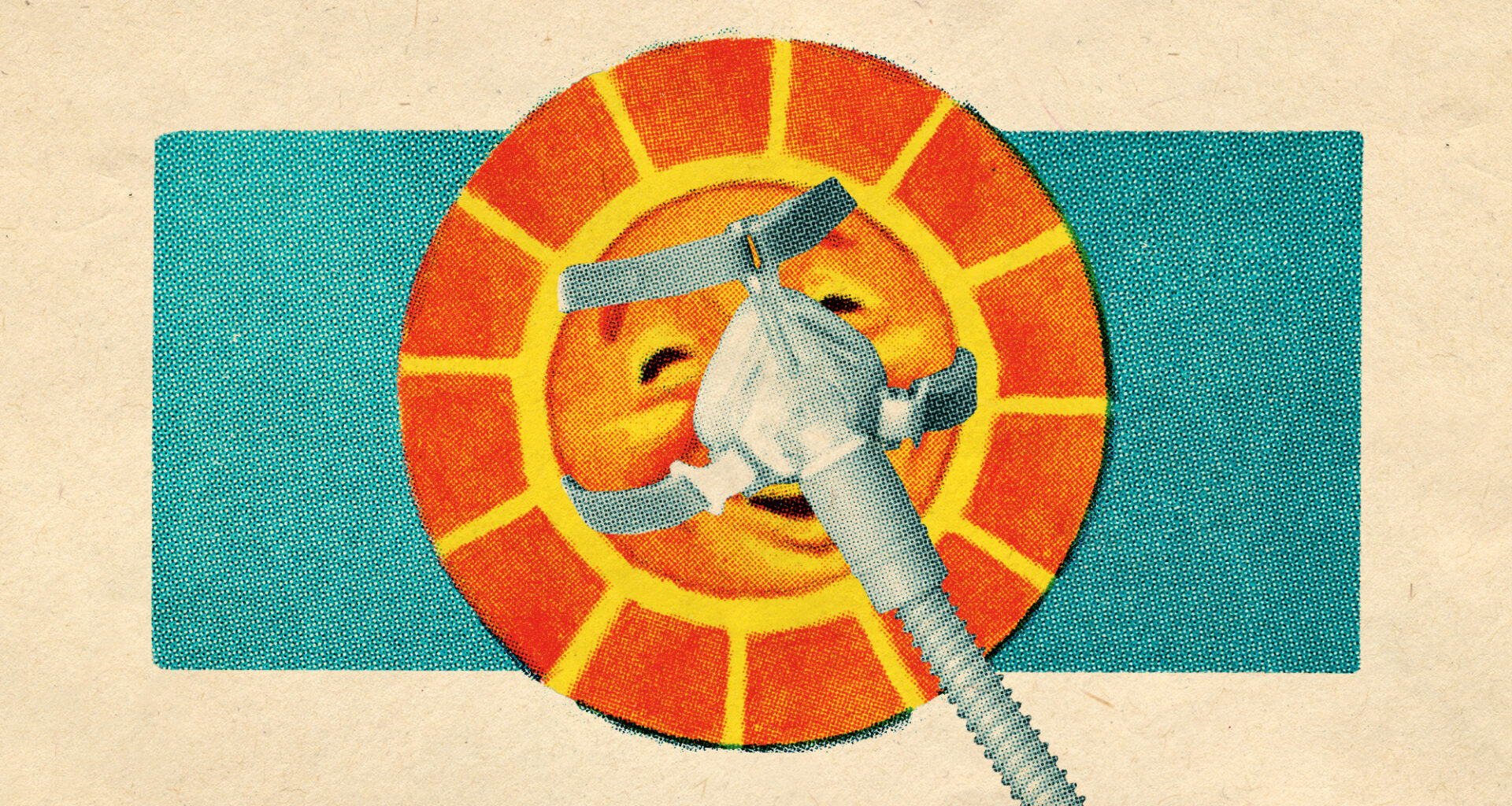 Illustrative collage of a sun with a face on it, wearing a CPAP mask