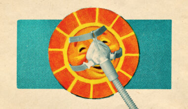 Illustrative collage of a sun with a face on it, wearing a CPAP mask