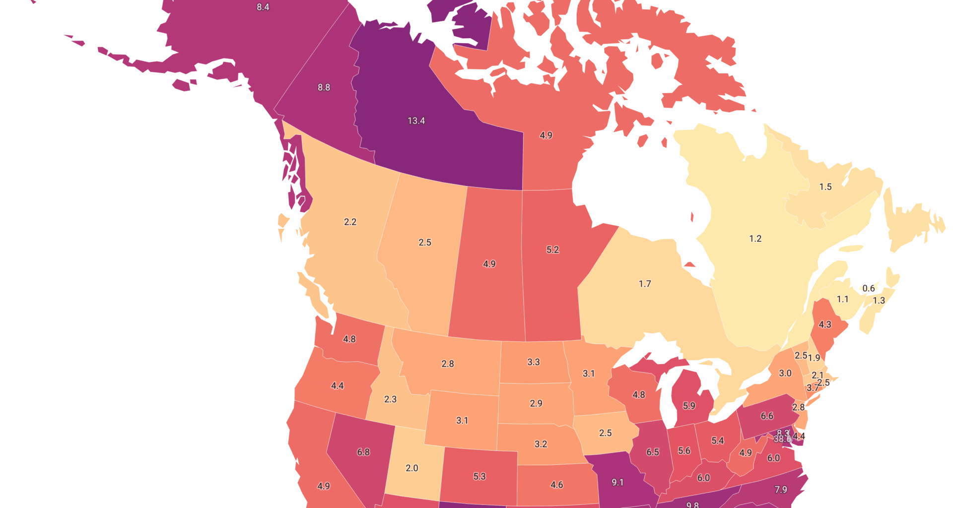 [OC] North American Subdivisions by Homicide Rate in 2023