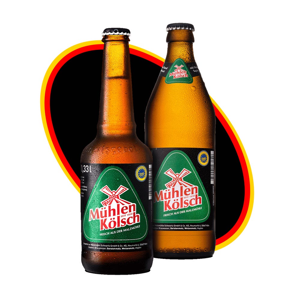 two bottles of mühlen kölsch beer against a colored backdrop