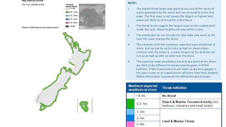 New Zealand coastal areas to experience strong and unusual currents and unpredictable surges at the shore following a magnitude 8.7 earthquake .
