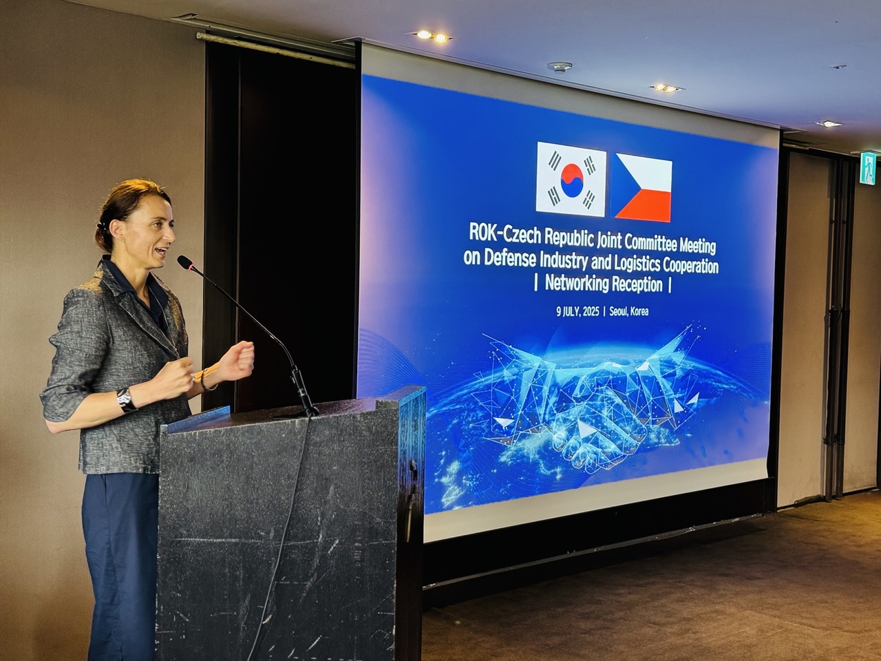 Radka Konderlova, deputy minister and director general of the Industrial Cooperation Division at the Czech Republic's Ministry of Defense, speaks at an event in Seoul on Wednesday. (Sanjay Kumar/ The Korea Herald)