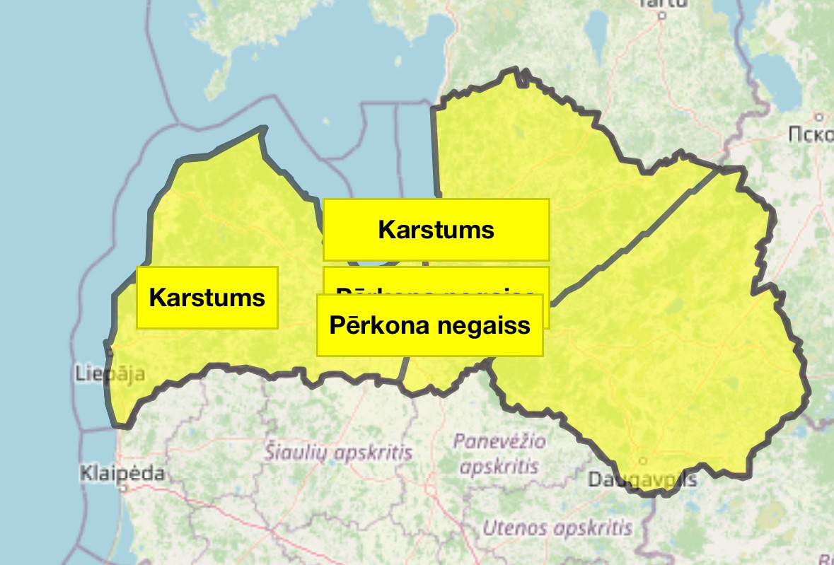 19. jūlijā izsludināts dzeltenais karstuma un pērkona negaisa brīdinājums