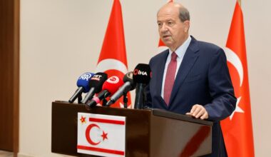 Turkish Cypriot President Ersin Tatar holds a press conference after his meeting with United Nations Secretary-Generals Personal Envoy on Cyprus Maria Angela Holguin Cuellar in Lefkosia, Turkish Republic of Northern Cyprus (TRNC) on May 29, 2025. (AA Photo)