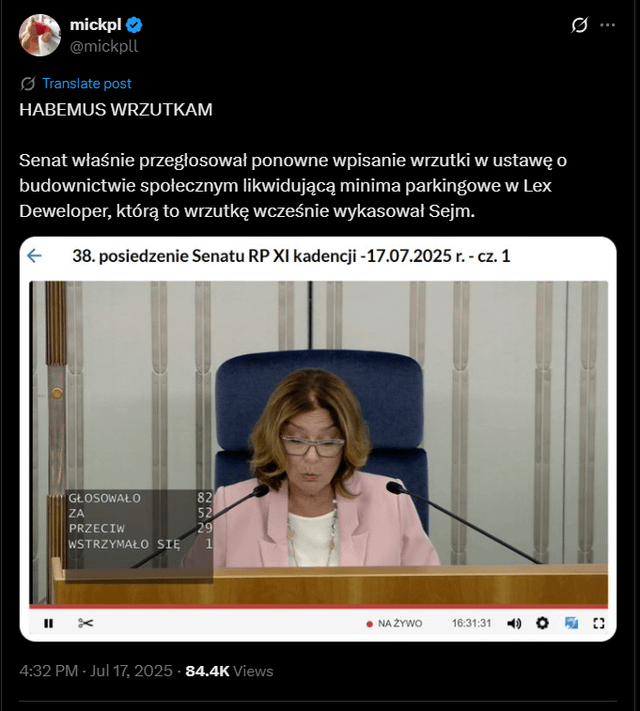 Senat przegłosował poprawkę likwidującą minimalną liczbę miejsc parkingowych w inwestycjach budowanych z Lex Developer