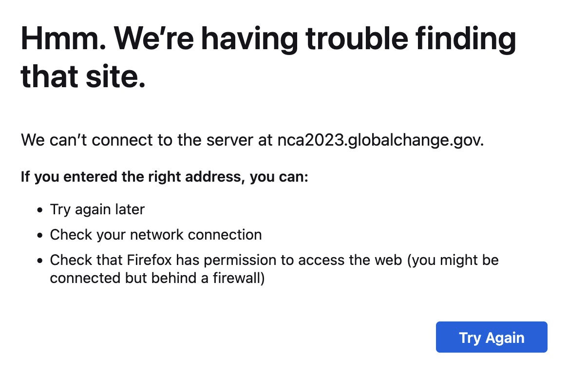 A screenshot of a website that says it's not able to connect to the server at nca2023.globalchange.gov