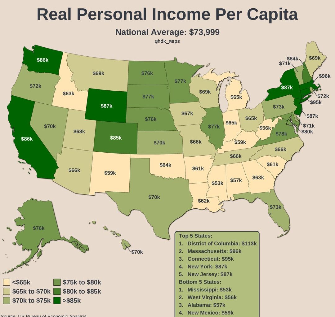 [OC] Real personal incomes per capita with and without adjustments for regional prices differences