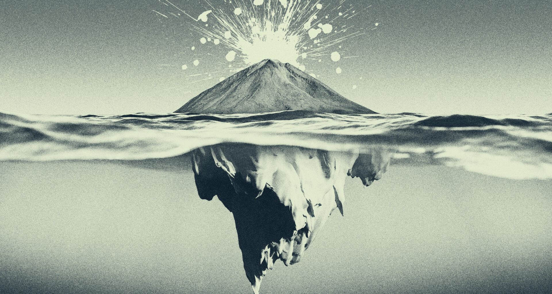 Illustration of a volcanic island with an iceberg lurking beneath