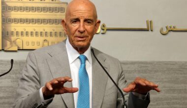 U.S. special envoy for Syria Tom Barrack gives a press conference after his meeting with Lebanons Prime Minister at the government palace in Beirut on July 21, 2025. (AFP Photo)