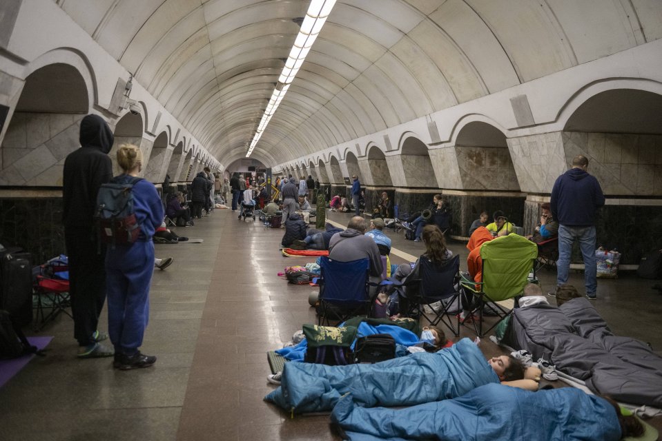 People sheltering in a Kyiv metro station during an air raid.
