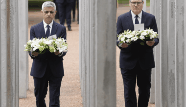 Sadiq Khan and Keir Starmer lay wreaths at the 7/7 Memorial in Hyde Park to mark 20 years since the terrorist attacks in London that killed 52 people