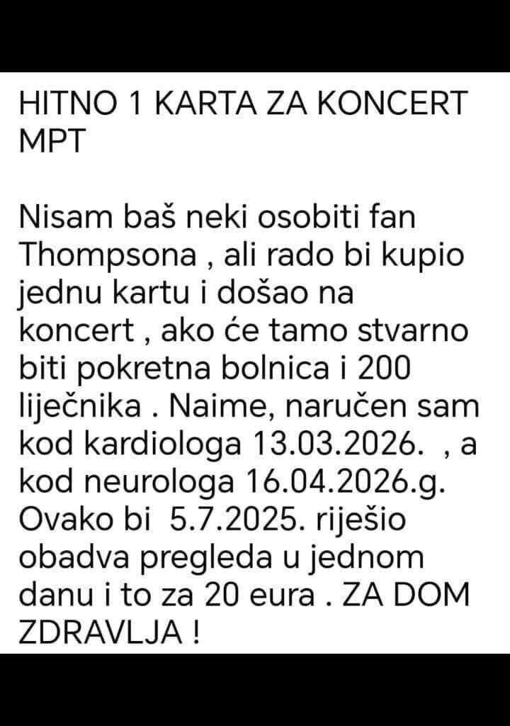 Hitno 1 karta za koncert Tonsona