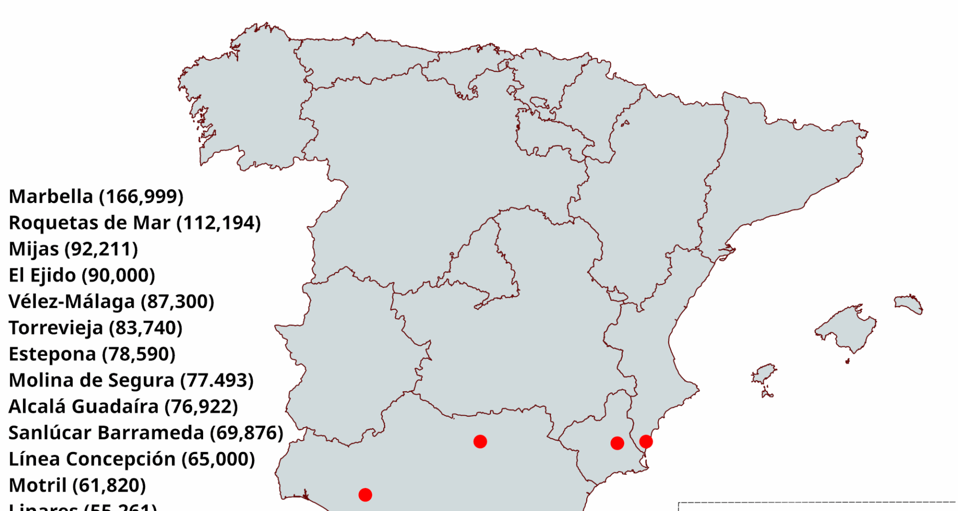 Spanish cities with more than 50,000 inhabitants without rail connection