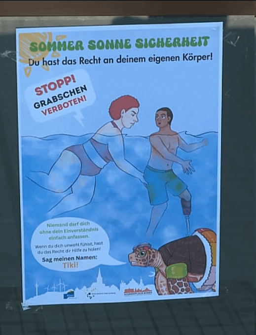 Germans are so depraved that they need to put PSA signs in public swimming pools to prevent Grettas groping short brown men with prosthetic legs