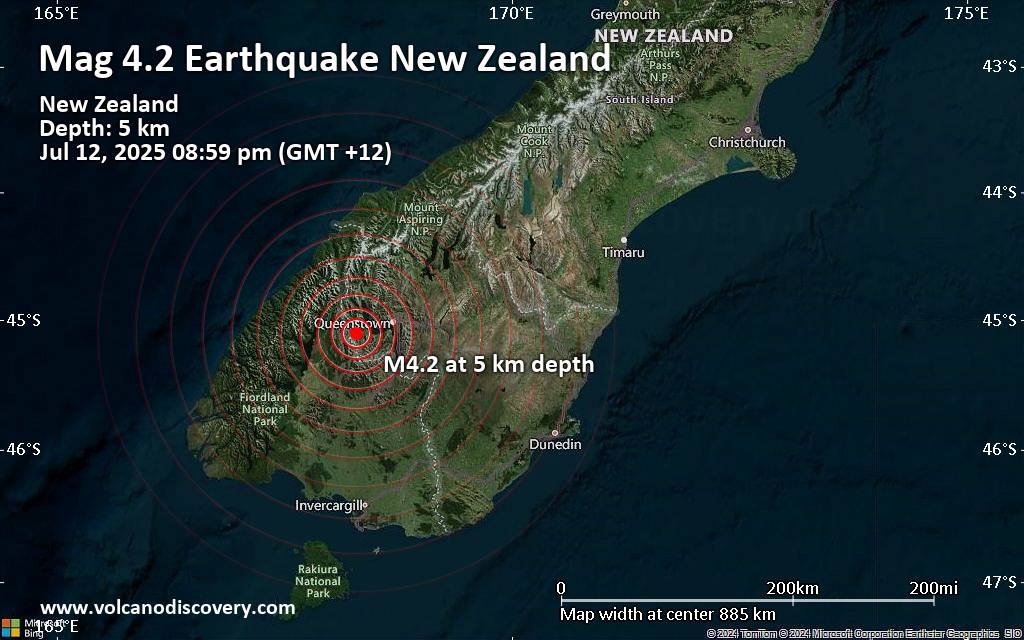 Moderate Magnitude 4.2 Quake Hits 31 km Southwest of Queenstown, New Zealand in the Evening