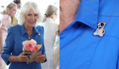 LONDON, ENGLAND - JULY 14: Queen Camilla receives a bouquet of flowers during a visit to unveil the new RHS and BBC Radio 2 'Dog Garden', designed by Monty Don at Battersea Dogs & Cats Home on July 14, 2025 in London, England. (Photo by Chris Jackson/Getty Images)