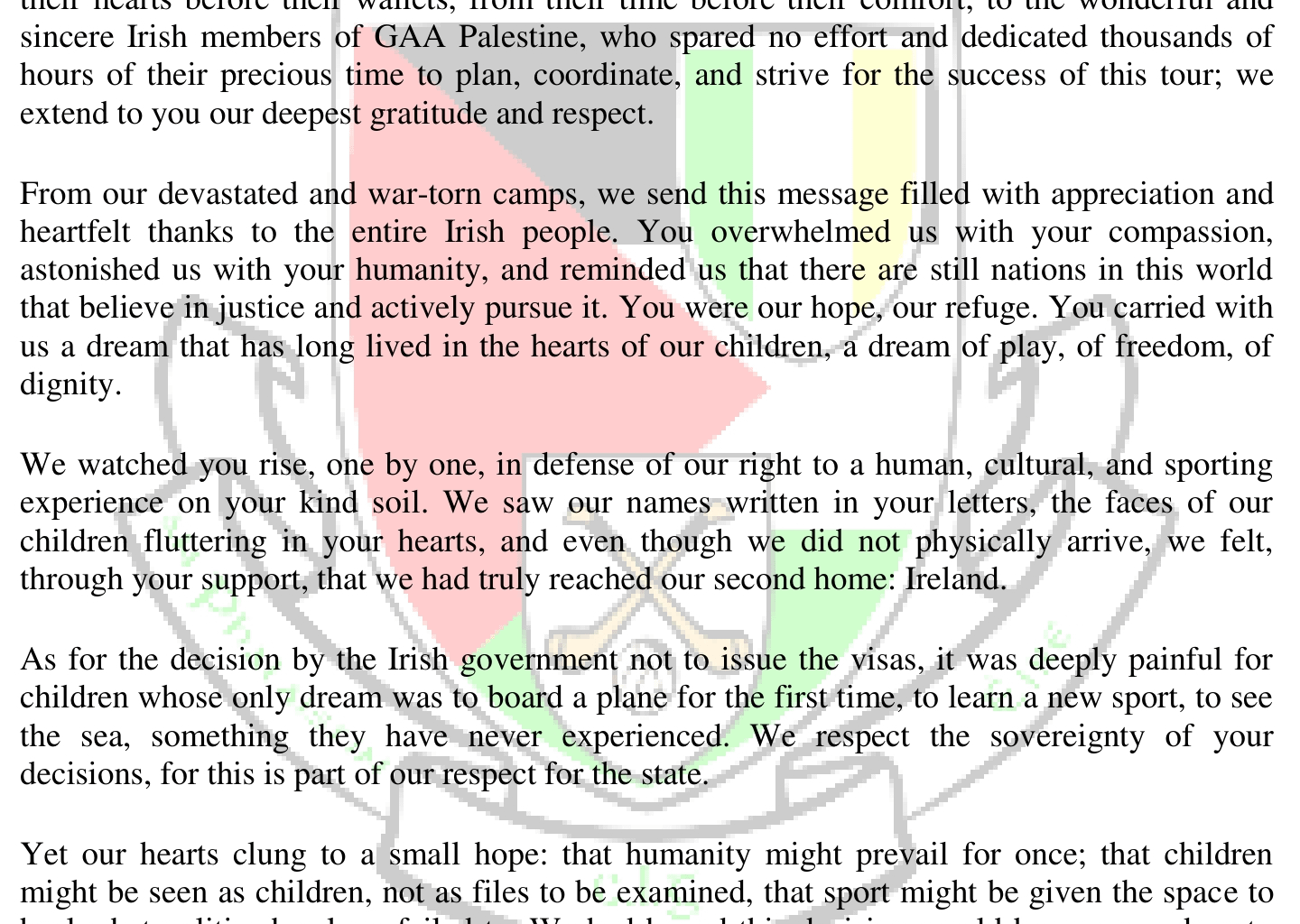 Statement from members of GAA Palestine following visa denials