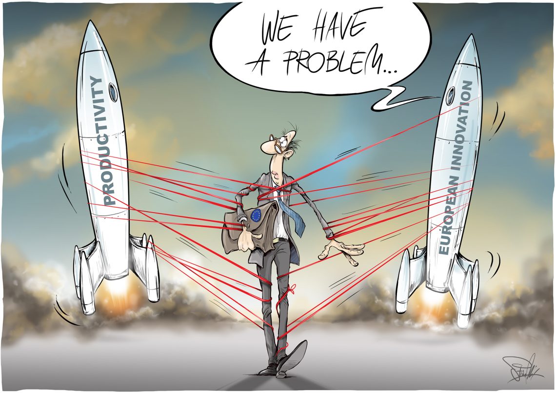 A European bureaucrat tangled in red tape restrains two rockets labeled “Productivity” and “European Innovation” as they try to launch.