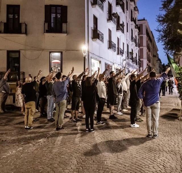 In Salerno, Italy, on July 7th, fascist sympathizers, once again escorted and protected by police, performed the Roman salute.