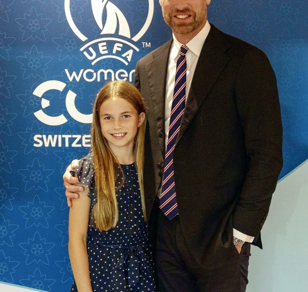 Prince William and Princess Charlotte are in Basel, Switzerland to cheer on the Lionesses this afternoon as they face Spain in the Euros Final.