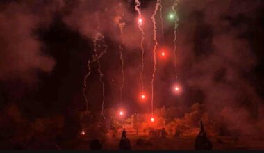 Flairs lighting the battlefield during Cambodian assaults on Ta Kwai temple on the final hours of conflict.