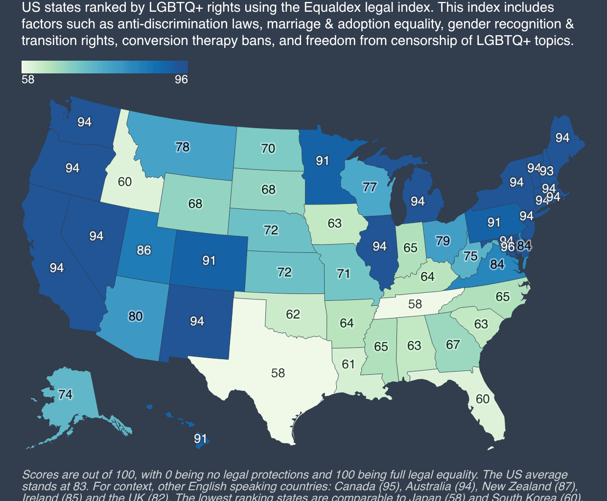 [OC] How US states score on LGBTQ+ rights
