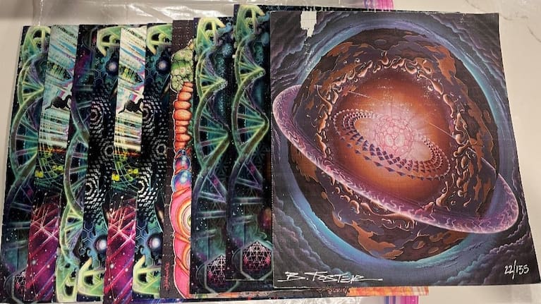 Sheets of LSD tabs adorned with sc-fi motifs.