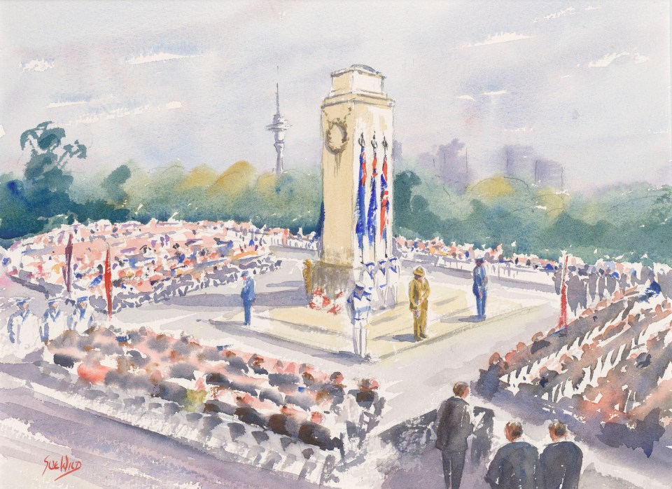Watercolor painting of a ceremony at a war memorial.